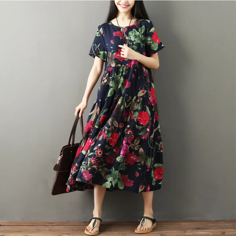 

Cotton Linen Floral Printed Dress Women's 2018 Summer New Style Ethnic-Style Loose-Fit Crew Neck Short Sleeve Pleated Long Skirt