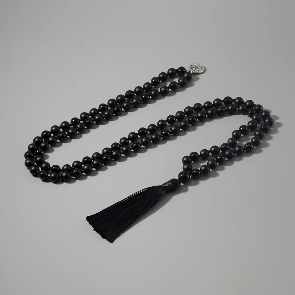 8Mm Black Onyx Kralen 108 Mala Geknoopt Ketting Meditatie Yoga Halfedelsteen Tassel Charm Japamala Sieraden