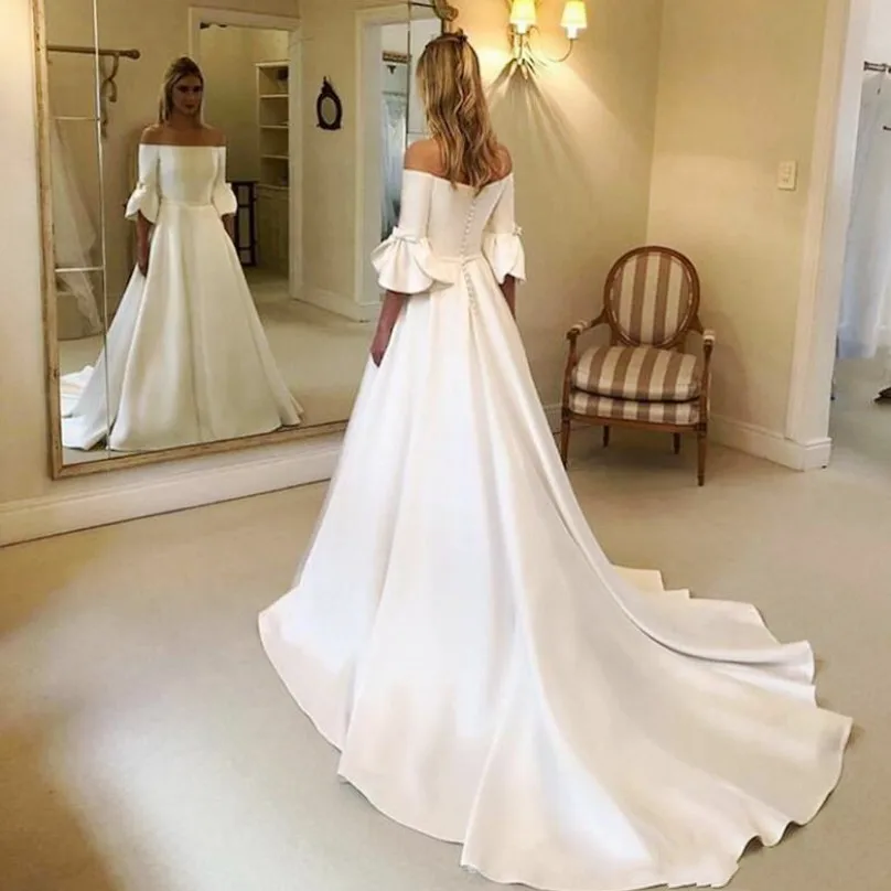 

Satin Vintage Wedding Dresses Off The Shoulder Half Sleeves Back Covered Buttons Bridal Dress Cheap Court Train Plus Size