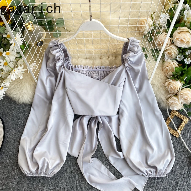 

Gagarich Women Blouse Girls Spring Trend Square Collar Lantern Sleeve Short Tops Ladies Chic Slim Waist Bandage Casual Shirts