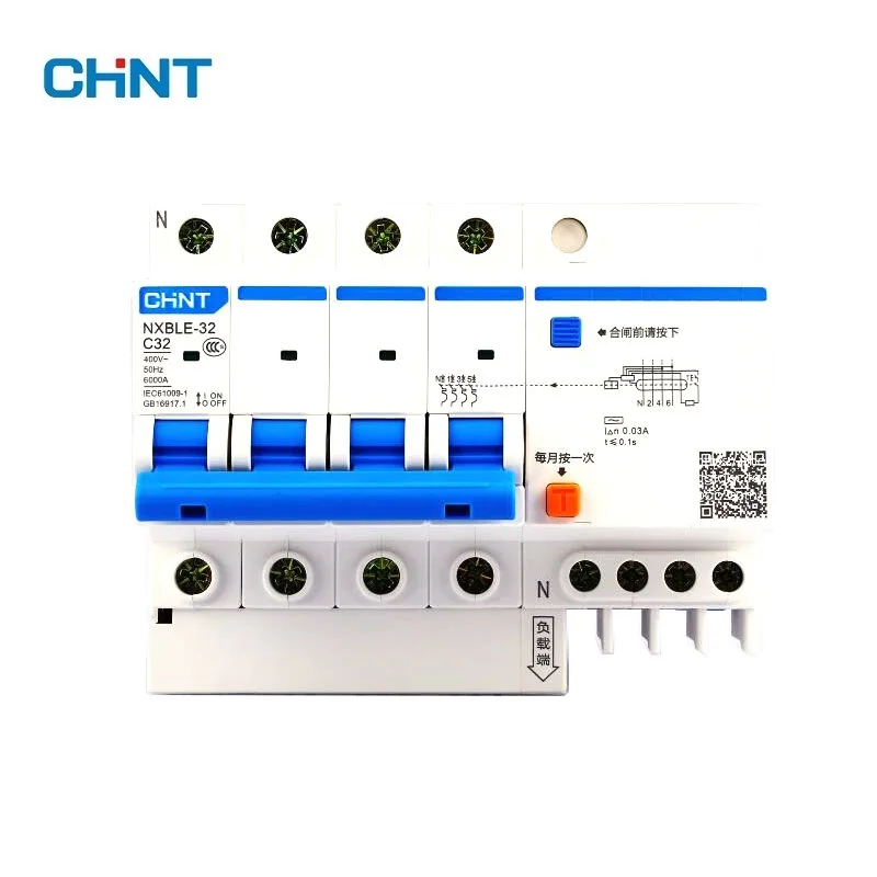 

CHNT NXBLE-32 Residual current operated circuit breaker RCBO 6KA type C 4P 30mA 230 V 240V 50HZ 6A 10A 16A 20A 25A 32A