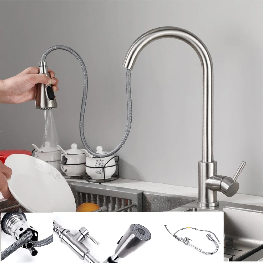 

Flexible Kitchen Sink Faucet Pull Out Swivel Spout Mixer Tap Brushed Single Hole