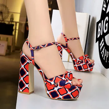 

brand plaid prints Sandals Women Summer buckle platform Slides High Heels Shoes narrow band peep toe shoes zapatos de mujer
