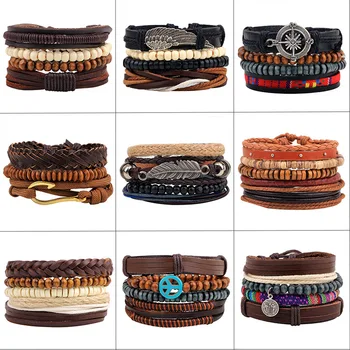 

New Style Bracelet Ornament Multi-Packaged Combination Bracelet Handmade Leather Wooden Beads Beaded Woven Bracelet
