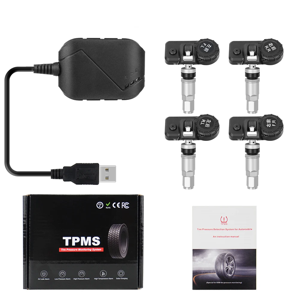 USB Android TPMS Car Tire Pressure Monitor 4 External Sensors 116 psi Monitoring Alarm System 5V Wireless Transmission