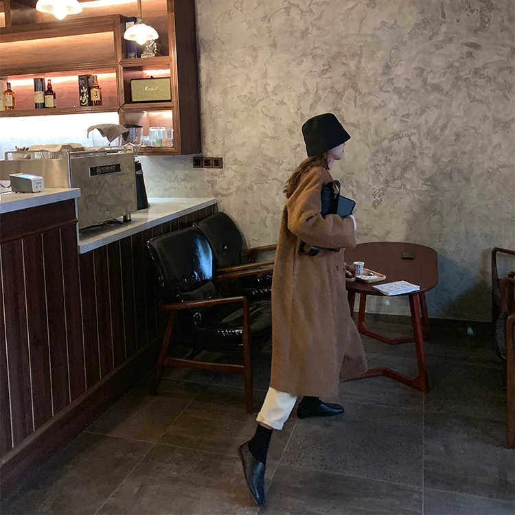 Женское пальто с плюшевым мишкой Abrigos Mujer Elegante, корейское пальто, одноцветное, длинное, двубортное, с широкой талией, пальто и куртки для женщин