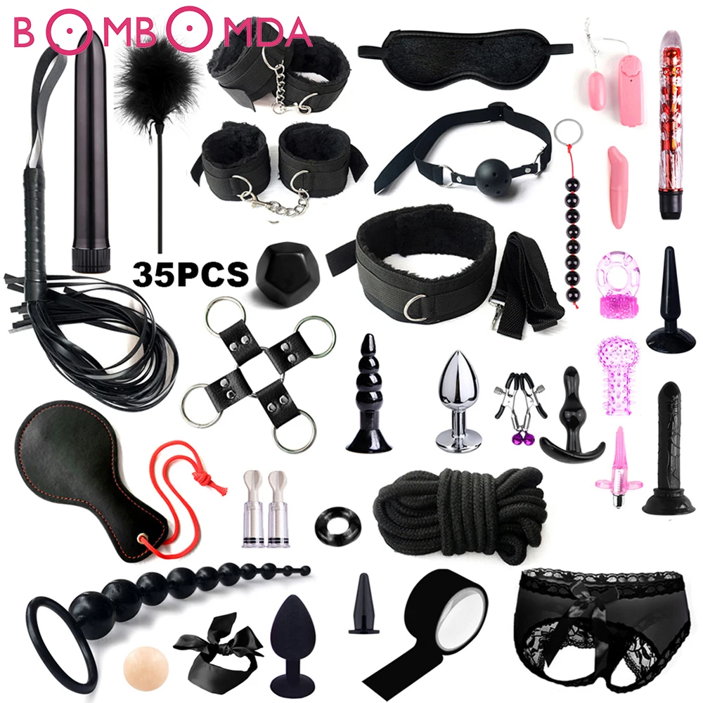 Exotic Bed Bondage Set BDSM Kits Sex Toys For Adults Games Leather Handcuffs Whip Gag Nipple Clamps Women Products |
