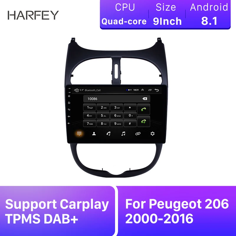 Harfey Автомобильный gps 2Din HD Авто Радио Аудио 9 ''Android 8,1 для peugeot 206 2000- стерео с AUX wifi Поддержка Carplay TPMS DAB