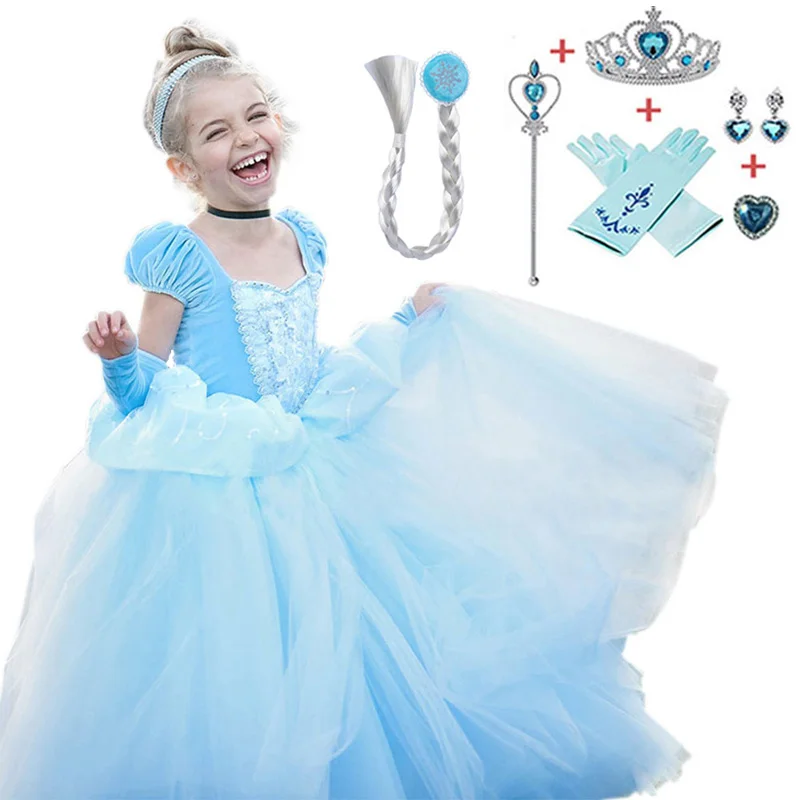 Платья Золушки, Анны, Эльзы для девочек; карнавальный костюм; детское платье для дня рождения; детское платье принцессы для девочек; рождественское платье