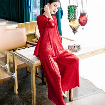 

Spring Women Pleated Tops Shirts Trousers Two Pieces Clothing Sets Loose Big Size Suits