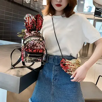 

3pcs Fashion Sequins Backpack Women Rabbit Ears Zipper Multi-pocket Shoulder Bags Outdoor Travel Large Rucksacks Set