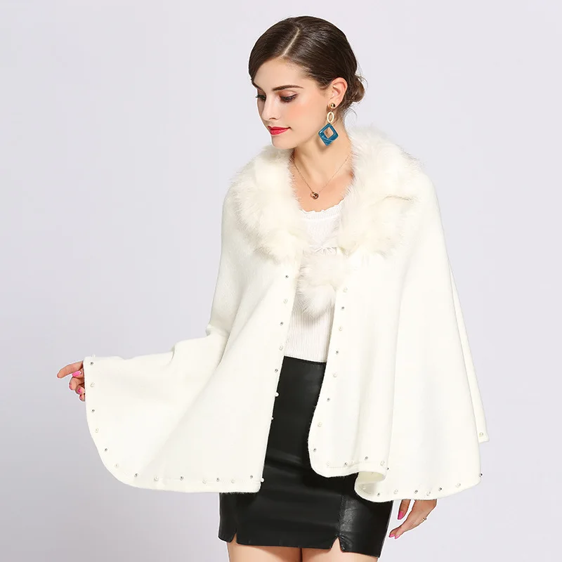 

One Size Winter Faux Cashmere Poncho Women wool cape cardigan coat Fashion Female Fur collar Wrap Vintage Shawl with beading