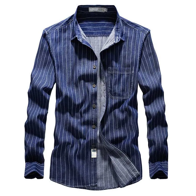 Синяя полосатая рубашка на весну-осень для мужчин, повседневная, деловая, Офисная рубашка с длинным рукавом, хлопковая рубашка, модная мужская одежда