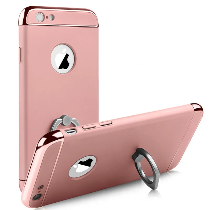 Роскошный чехол с 3D алюминиевым кольцом-подставкой для iPhone 7, 6, 6S Plus, съемный чехол для телефона с полной защитой 360, чехол для iPhone 5, S, 5S, SE - Цвет: Rose Gold