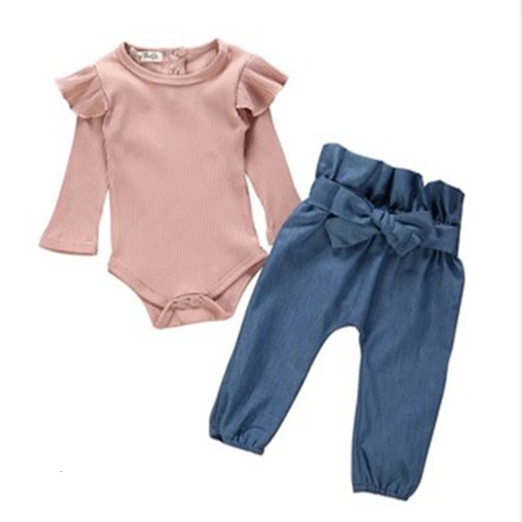 Комплект одежды для девочек; топы для новорожденных девочек; комбинезон+ штаны с бантом; осенняя одежда; комплект одежды для детей - Цвет: as picture
