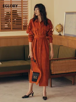 

Velvet Dress 2020 Spring Autumn Women Turn-down Collar Chest Pockets Belt Patchwork Long Sleeve Mid-Calf Vintage Dress Female