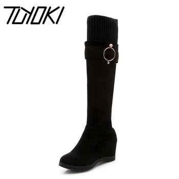 

Tuyoki Women Thigh High Boots Winter Buckle Warm Fur Shoes Woman Inside Heels Wedge Boots Elastic Knitting Shoes Size 34-43