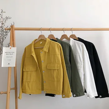 

Autumn Blouse Women Solid Color Wash Denim Loose Coat Student White Lapel Single-breasted Crop Jacket