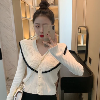 

[EWQ] 2020 Spring Autumn New Pattern V-collar Long Sleeve Single Breasted Open Kniting Casual Sweater Women Large Size 3AJ78100