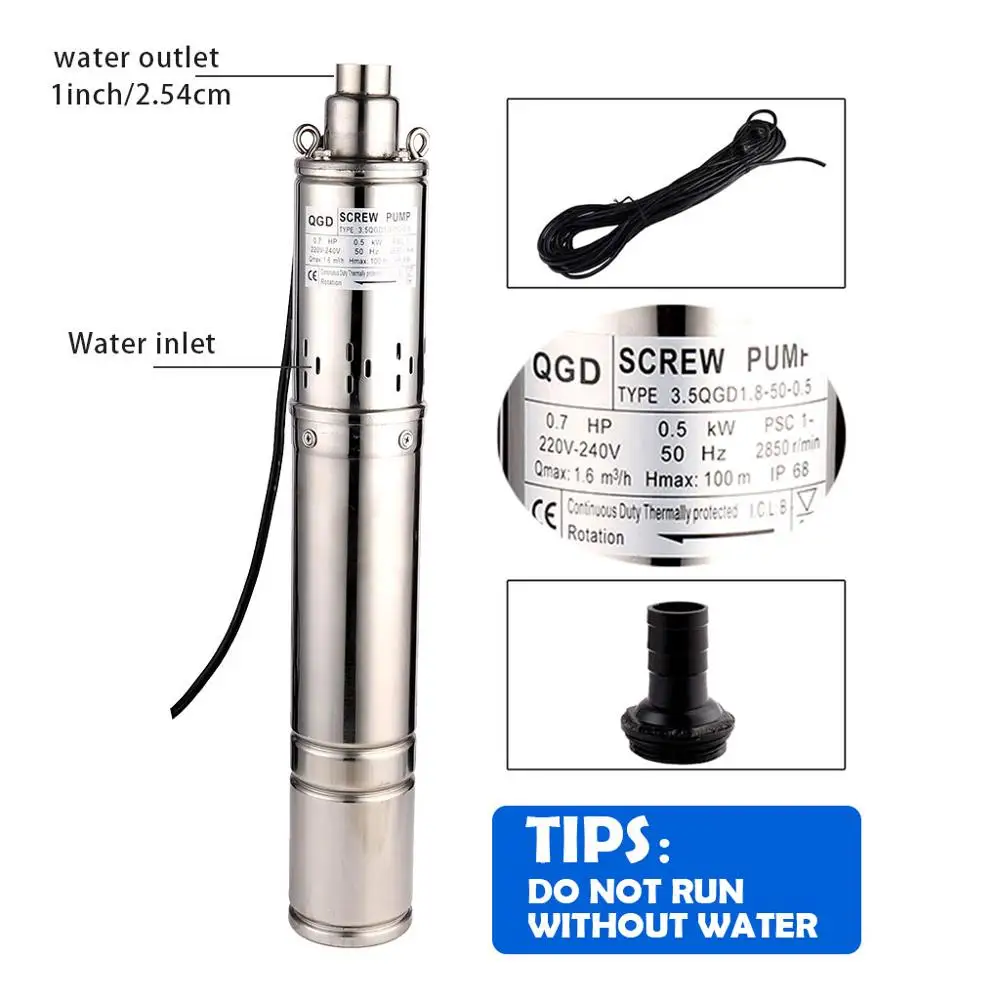 

SHYLIYU 3.5" OD Pipe Deep Well Submersible Screw Water Pump 220V 0.7Hp Rotary Pump Head 100m 1.6mі/h Tube Well Pump 1" Outlet