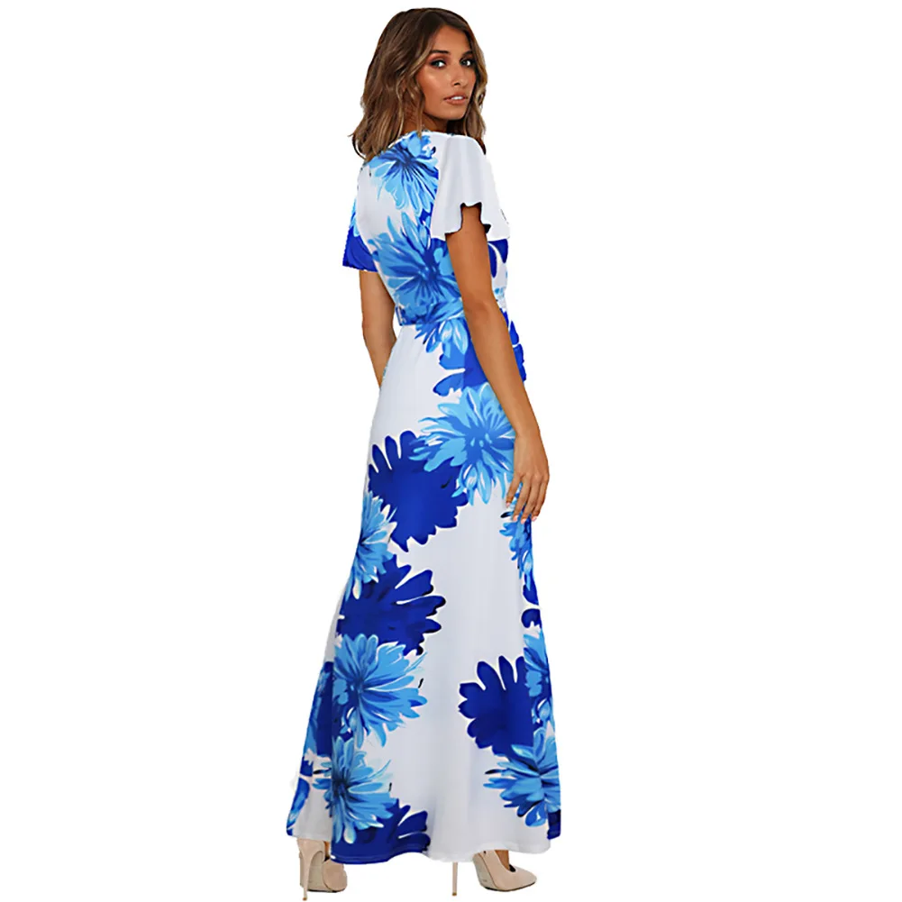 

2019 Spring And Summer New Style Europe And America WOMEN'S Dress Short Sleeve Crew Neck Bandage Cloth Printed Beach Long Skirts