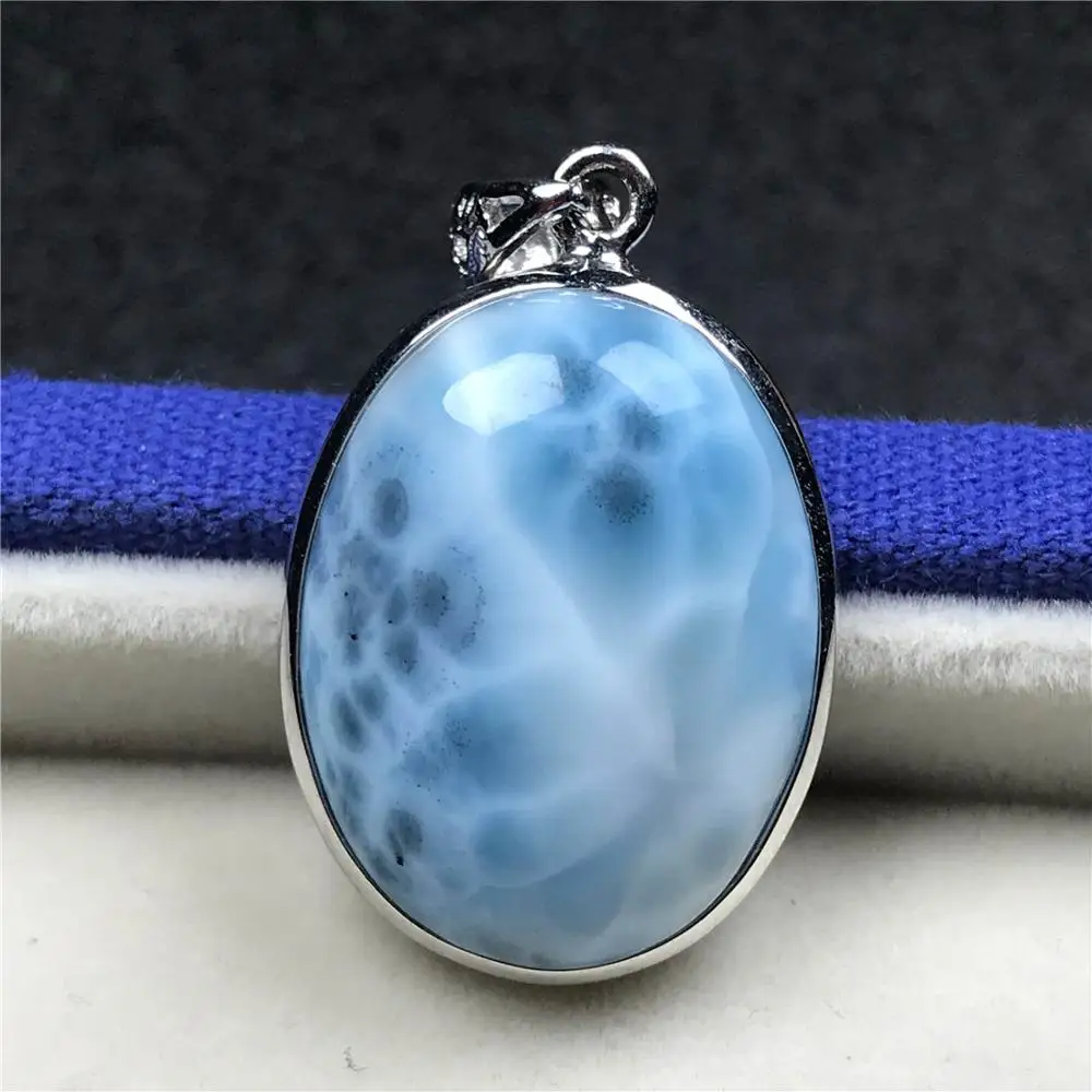 

Top Quality Natural Blue Larimar Pendant For Woman Man 925 Silver 25x19x7mm Clear Crystal Beads Dominica Pendant Jewelry AAAAA