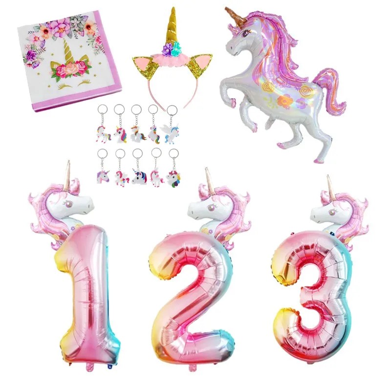 32inch Rainbow Number Balloon Foil Balloons Unicorn Birthday Party Silk Sash Girl Happy Birthday Party Decoration Headband Crown