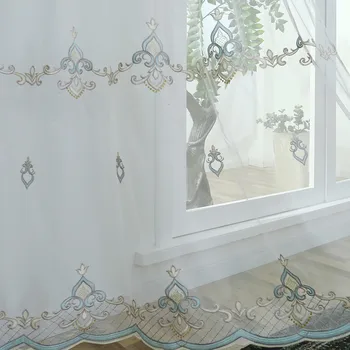 

European Style Curtains for Living Dining Room Bedroom Light luxury Blue Mesh Embroidery Tulle Finished Product Customization