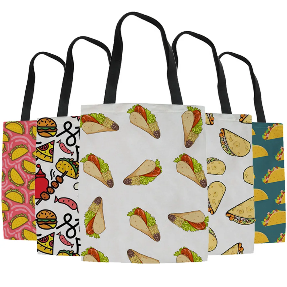 

Jackherelook Taco Foot Funny Printed Casual Women Canvas Shopper Bags Reusable Handbags Hiking Storage Tote Shoulder Bags Woman