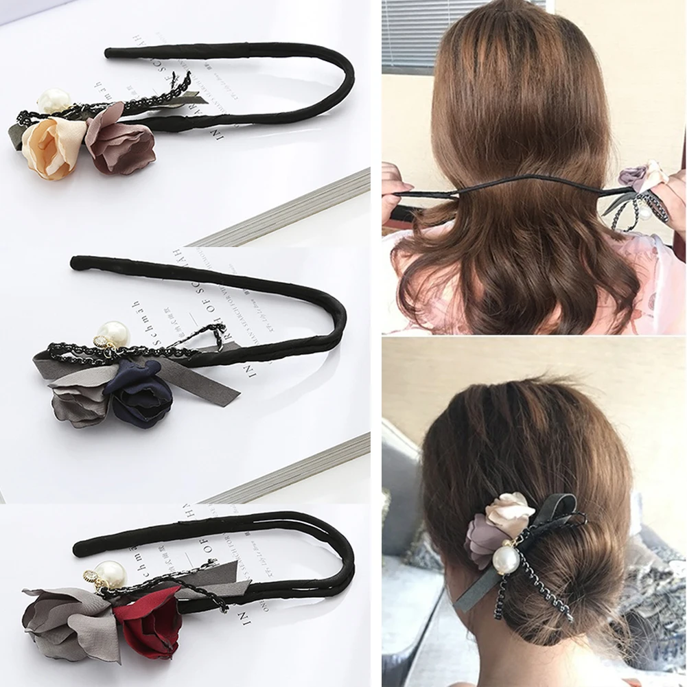 

DIY Hair Style Making Tools Hair Curler Accessories Women Flower Donut Bun Maker Big Pearls Ribbon Korean Fashion Style