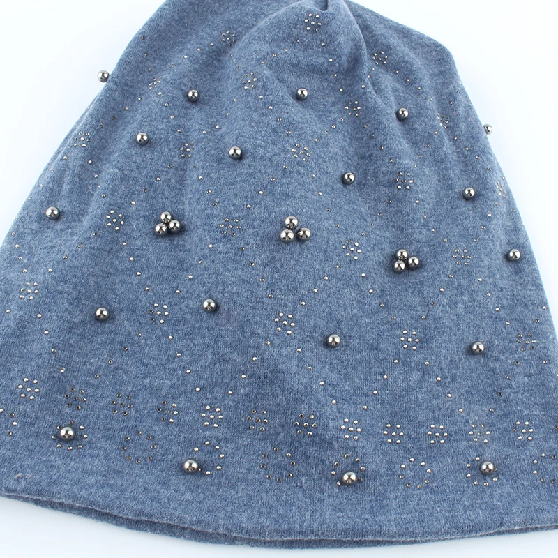 Модная однотонная женская шапка Skullies Beanies с жемчугом и стразами, зимняя женская шапка, осенняя вязаная шапка из мягкого хлопка