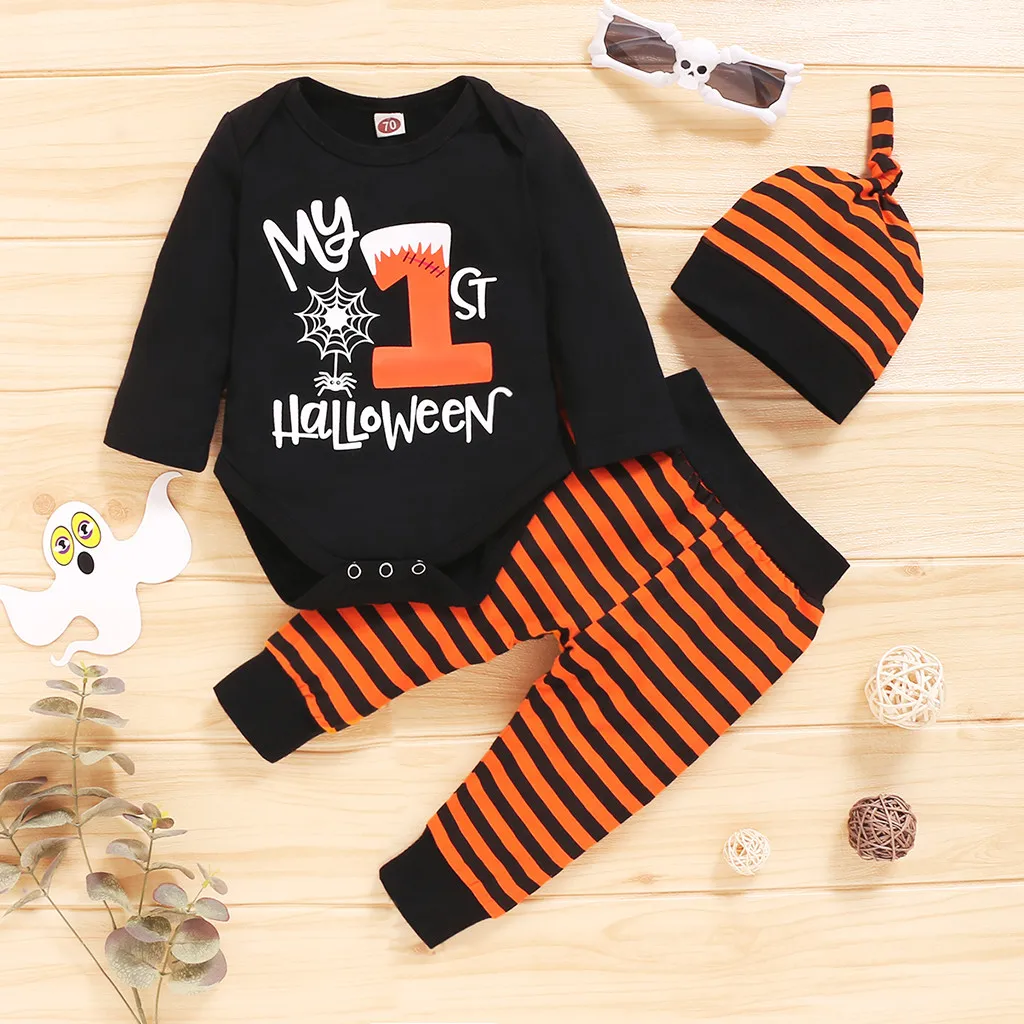 Halloween Infant Baby Girl Clothes Boy Letter Halloween Romper Long Sleeve Top+Striped Pants+Hat Outfits Halloween Costume bebes