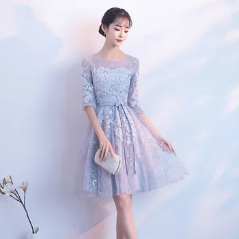 

Gray Womens Wedding Party Dress O-Neck Embroidery Evening Cheongsam Flower Short Elegant Qipao Gowns Retro Vestido XS-XXL