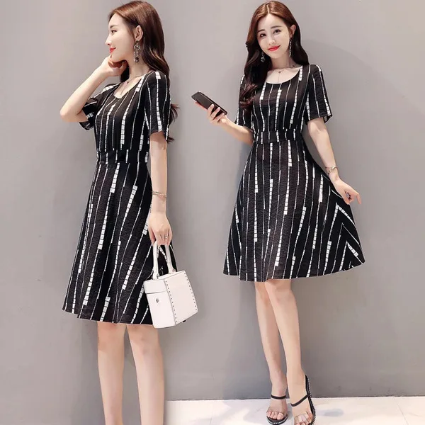 

2020 Summer Wear New Style Korean-style Stripes Printed Short-sleeve Dress Women's Mid-length Elegant Waist Hugging A- line Skir