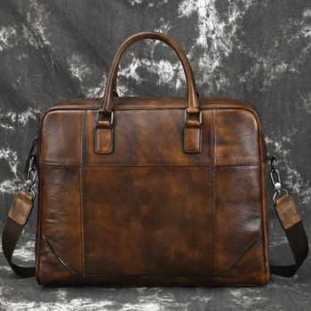 

Vintage Genuine Leather Briefcase Bag Oil Waxy Leather Male Business Travel Bag Office Handbag Large Capacity Totes Laptop Bag