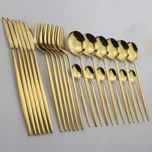 Couverts dorés en acier inoxydable, 24 pièces, vaisselle, couteau, fourchette, cuillère, coffret cadeau, lavable au lave-vaisselle