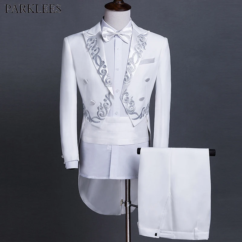 

White Tailcoat Men Jacquard Embroidered Suits Tail Coat 2 Piece Mens Suits (Jacket+Pants) Wedding Grooms Prom Singers Tuxedo Set