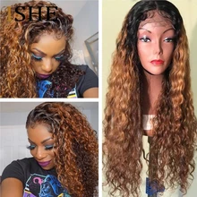 Мёд блондинка 13x6 Синтетические волосы на кружеве парики из натуральных волос на кружевной эффектом деграде(переход от темного к кудрявый вьющиеся 360 Синтетические волосы на кружеве al парик предварительно вырезанные кружевные парики для чернокожих Для женщин ишё