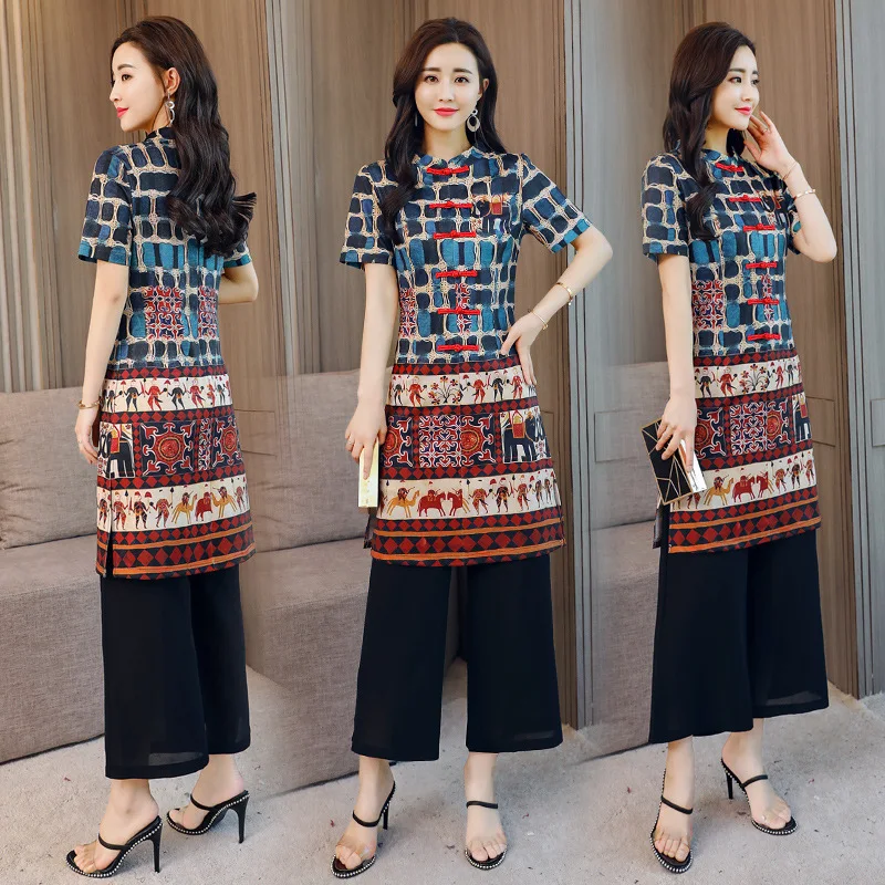 

China National Wind Retro Chiffon Printed Two-Piece Set Cheongsam Dress Loose Pants Skirt Set