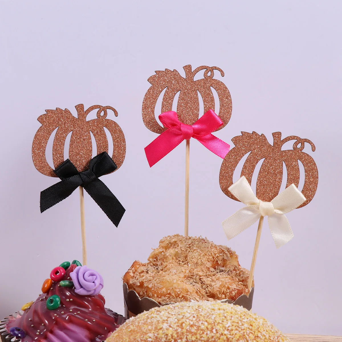 

12pcs Cake Picks Cupcake Toppers With Bowknot Pumpkin Glitter Party Supplies Inserts Picks Cake Decor Halloween Kids Birthday