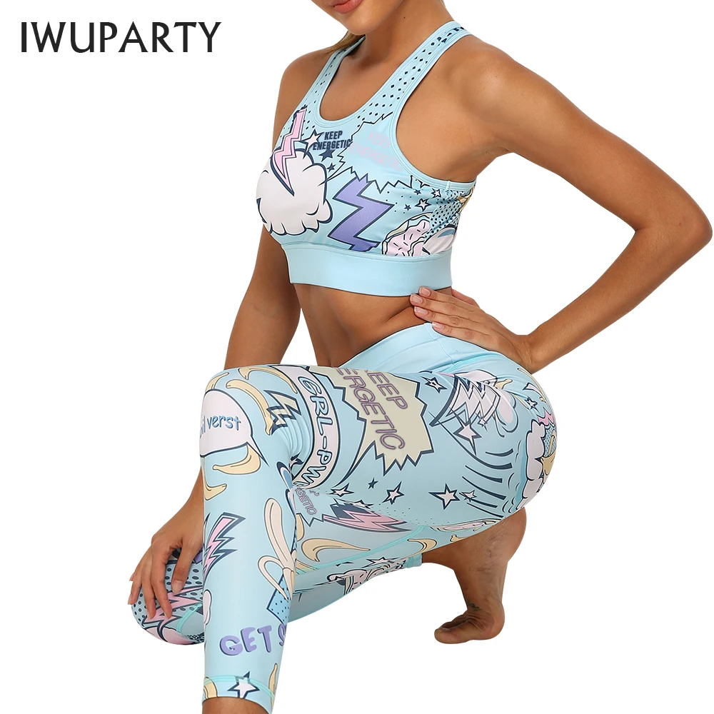 IWUPARTY комплект из 2 предметов с милым розовым принтом для йоги, женские комплекты для тренировок, тренажерного зала, спортивный укороченный топ, леггинсы, Женский костюм для бега