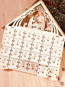 

12inch Wooden Advent Calendar Countdown Lights Christmas 24 Pull-Out Drawers LED Light Christmas Decorations Advent Calendar