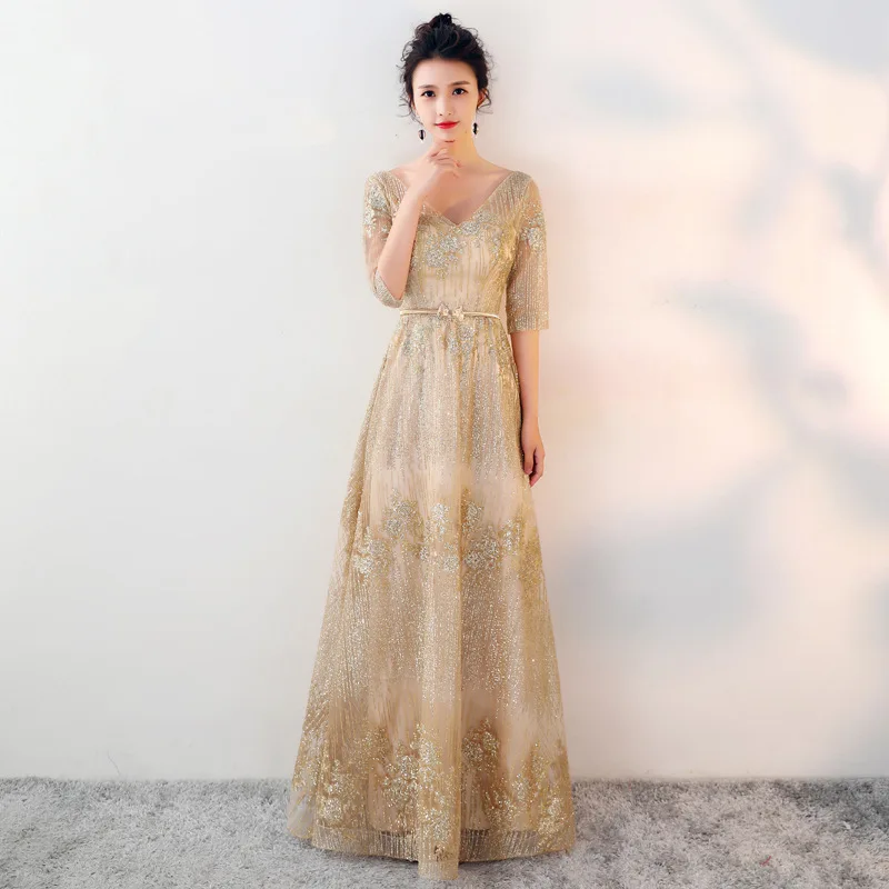 

New Evening Dresses Gold Shiny A Line Formal Gowns V Neck Half Sleeveless Robe De Soiree Floor Length Elegant Party Dress K186