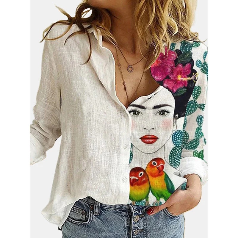 Blusa informal de algodón y poliéster con manga larga para Primavera, camisa con botones y solapa para mujer, estampado de cara Retro, a la moda, 3XL, 2021