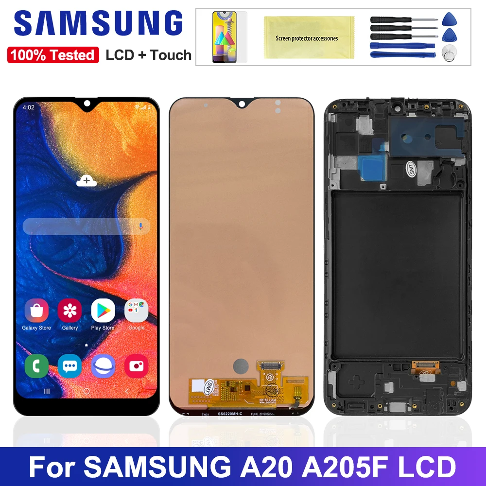 Протестированный экран A20 для Samsung Galaxy ЖК-дисплей сенсорный дигитайзер с рамкой в