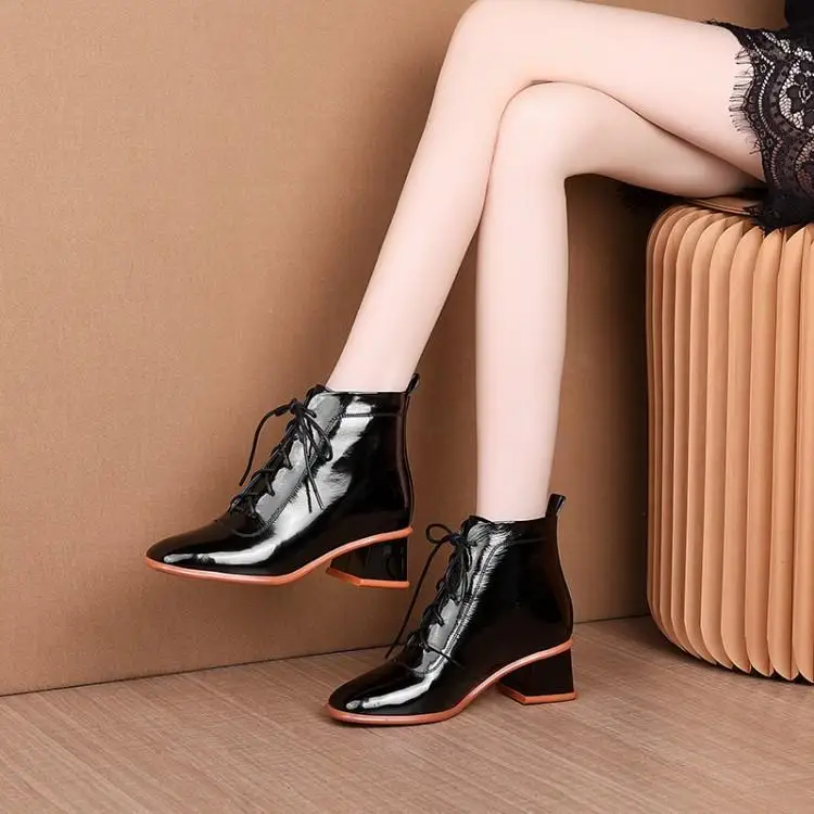 

Leather boots square thick with female high-heeled boots with short boots Martin boots head layer cowhide 5 cm