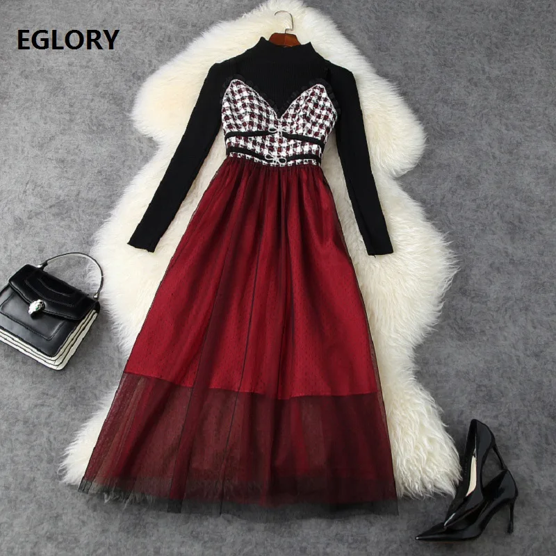 

Spring Autumn Clothing 2021 Fashion Style Women High Quality Knitted Black Pullovers+Wool Mesh Patchwork Vintage Strap Dress Set