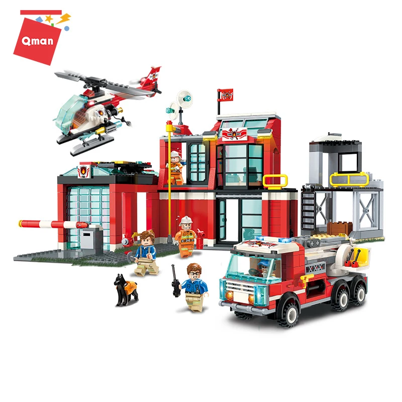 

Qman City Fire station Building Blocks Sets Firefighter Rescue Aircraft Car Model Bricks Educational Toy For Children Gifts
