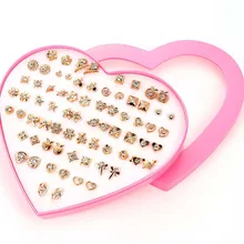 36 пар золотого цвета смешанные «любящее сердце» с бантом звезда серьги в виде медведя Для женщин с рисунком «розы» для девочек и принтом бабочки розового цвета в форме сердца коробка хранения ювелирные изделия для ушей подарок