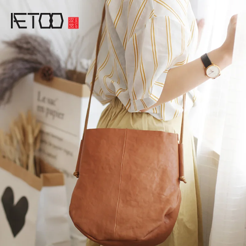 

BJYL Sheepskin large bag, one-shoulder soft leather slant bag, simple Japanese casual retro temperament personality women's bag